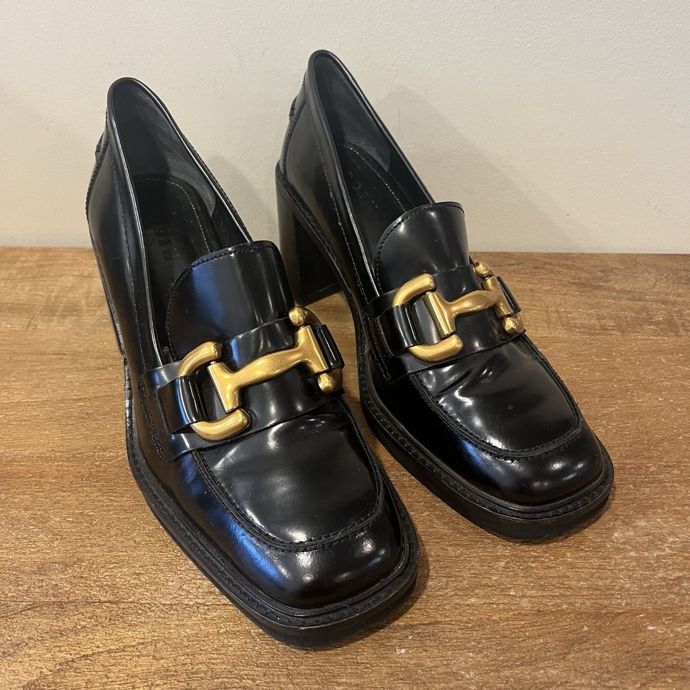 Boden Iris Snaffle Loafers EU 41 US 9.5 Black Leather Gold Horsebit Block Heel